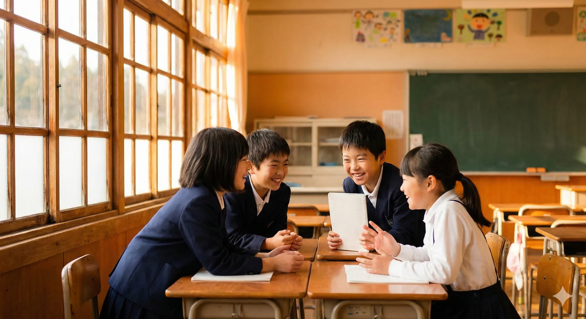 教室で笑顔で話し合う小学生たち