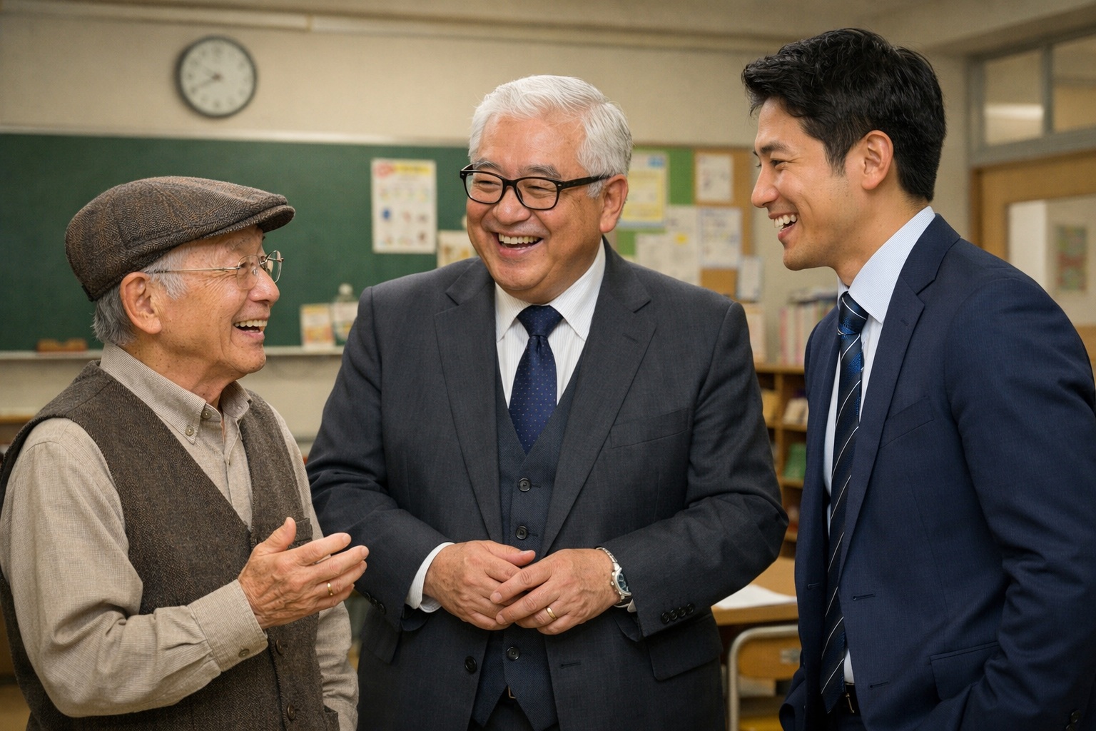 学校関係者、写真館様、スクメモ担当者が笑顔で談笑し協力体制を築く様子