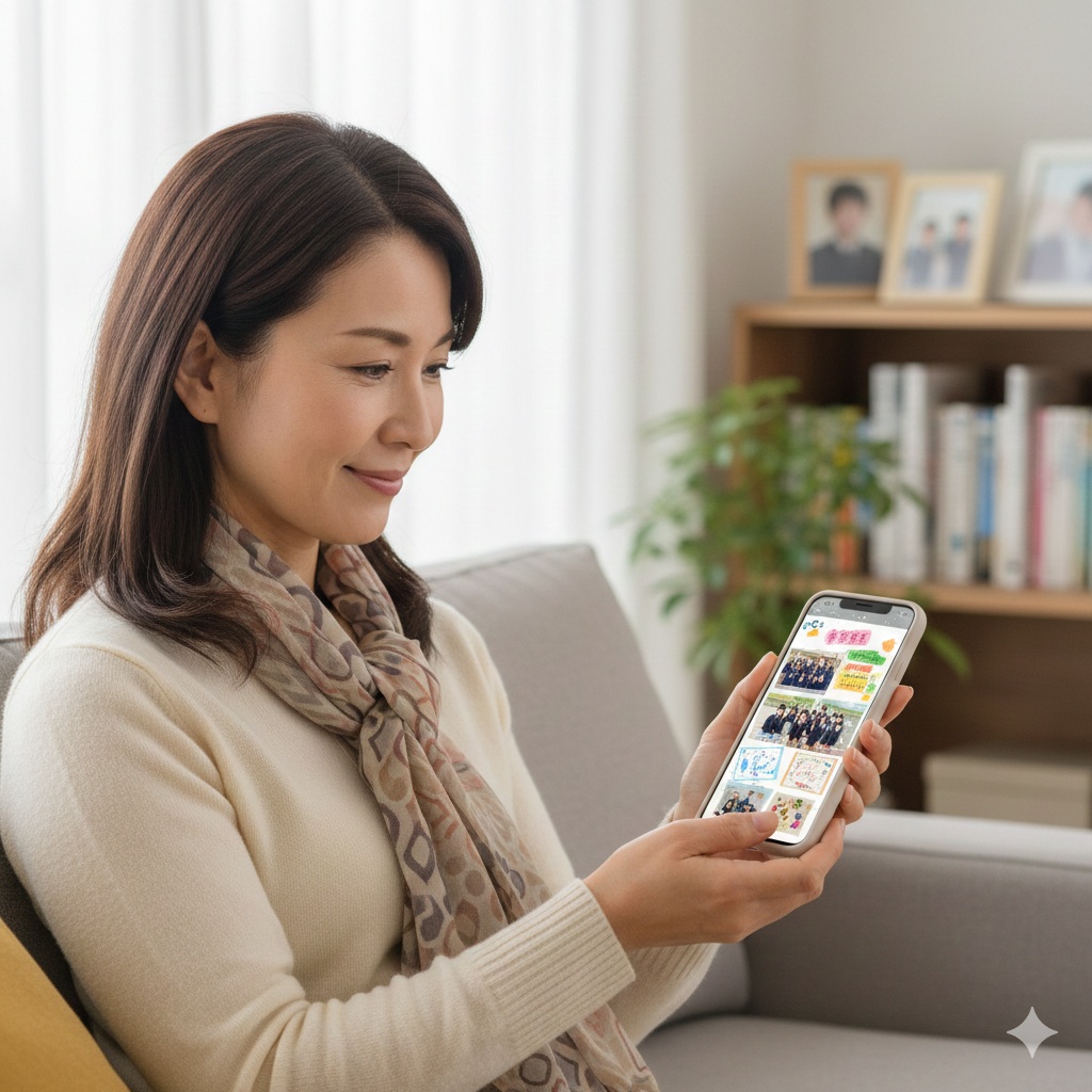 スマホで写真を見て喜ぶ保護者